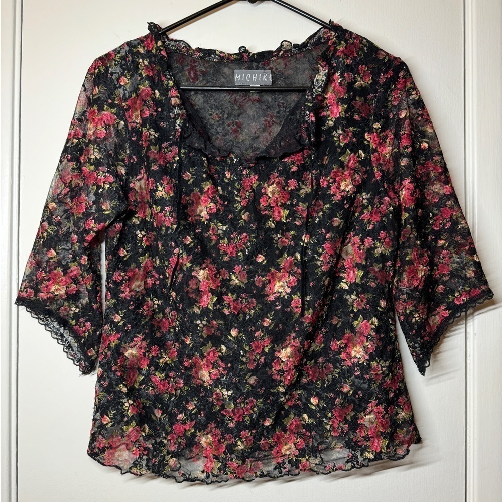 Vintage 90s Michiko Black Floral Ruffle Peasant Babydoll Fairycore Blouse Size 2